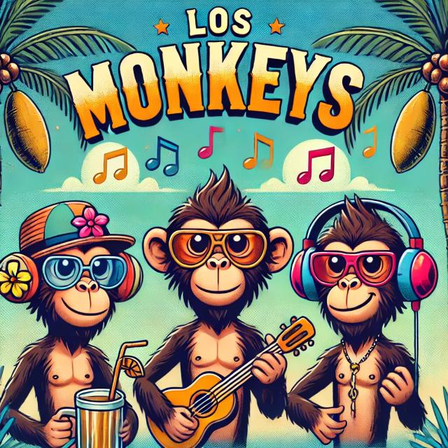 Arte do grupo Los Monkeys: três macacos de óculos escuros na praia, com violão, fone e copo